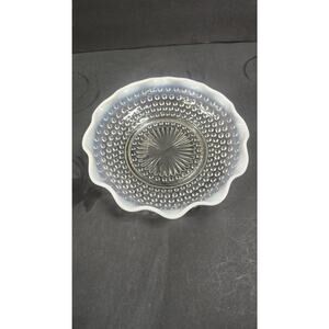 Vintage Moonstone Hobnail Opalescent Glass Ruffled Edge Bowl Dish Clear White